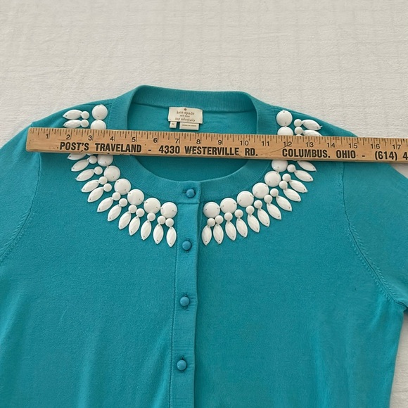 Kate Spade women’s medium button-down sweater teal beaded neckline 3/4 sleeves - Picture 5 of 11